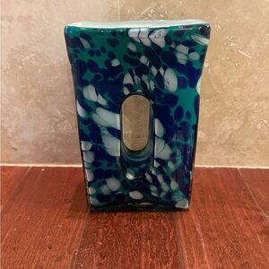 Murano Blue Rectangle Dual-Chamber Vase 10” Cased Art Glass Donut Hole Retro Vtg